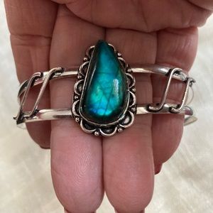 NEW Gorgeous Dyed Aqua Flash Labradorite! 925 Sterling Silver Adjustable Bangle